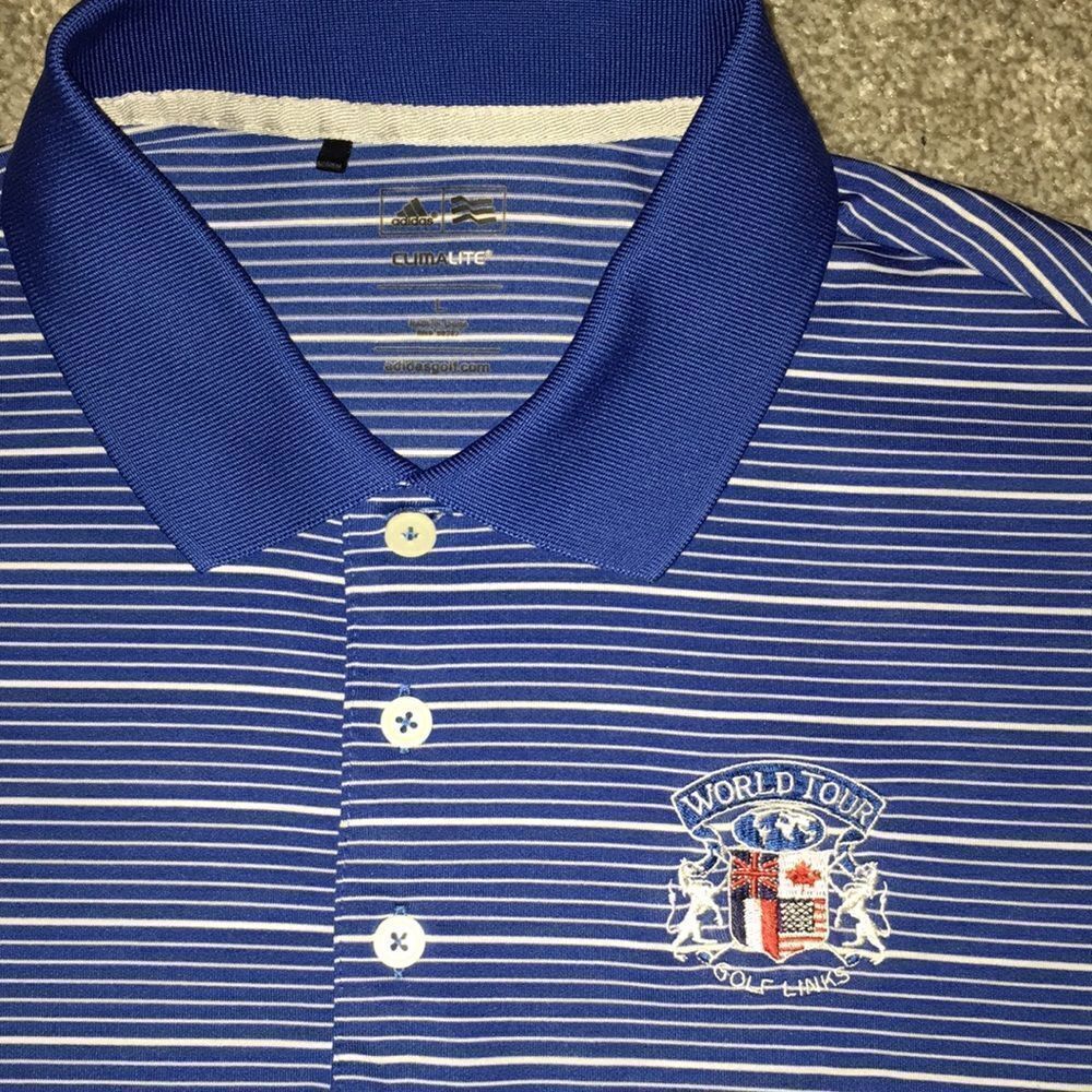 Blue stripe Adidas mens World Tour Golf Links Myrtle Beach Golf Polo Shirt L